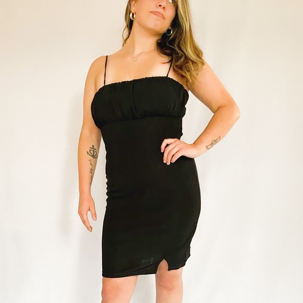 Ruched black mini dress